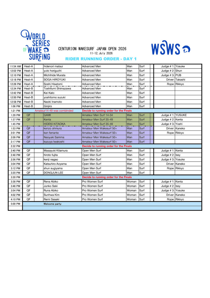 centurion wake surf japan open 2026 ランニングオーダー
