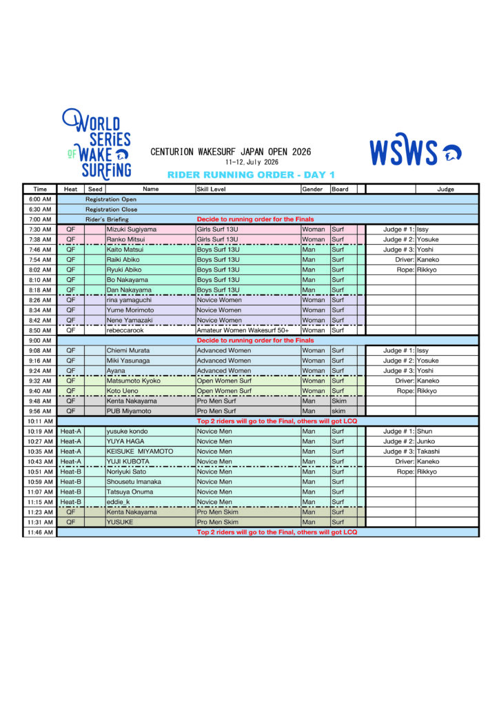 centurion wake surf japan open 2026 ランニングオーダー